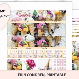 May include: A printable calendar for June and August with an ice cream cone theme. The calendar features a pink and yellow color scheme with images of ice cream cones topped with flowers and blueberries. The text "June August" and "Erin Condren, Printable" are also included.