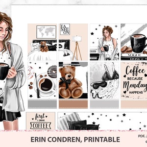 Erin Condren printable stickers, Monday Coffee weekly kit, Black and white stickers, Life planner pack, nordic home bedroom, fashion girl