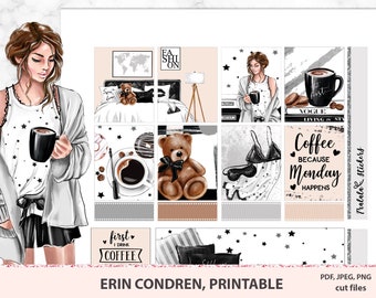 Erin Condren pegatinas imprimibles, kit semanal de café de lunes, pegatinas en blanco y negro, paquete de planificador de vida, dormitorio de la casa nórdico, chica de moda