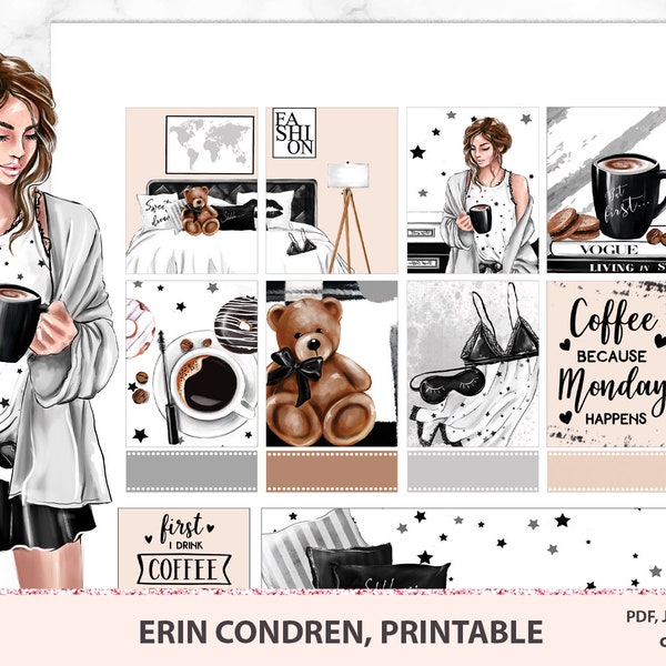 Erin Condren pegatinas imprimibles, kit semanal de café de lunes, pegatinas en blanco y negro, paquete de planificador de vida, dormitorio de la casa nórdico, chica de moda