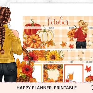 May include: Printable planner stickers featuring a fall theme with pumpkins, sunflowers, and leaves. The stickers are designed for use with a Happy Planner. The text "October" is featured at the top of the planner.