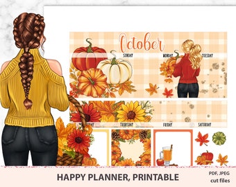 October monthly kit printable, Happy planner monthly kit, monthly stickers, Mambi set, fall themed kit in yellow and orange colors