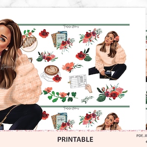 Fall Fashion Deco printable planner stickers pompoen seizoen decoratieve pack. Arfican Amerikaans meisje Downloadbare PDF JPEG Silhouet gesneden bestanden