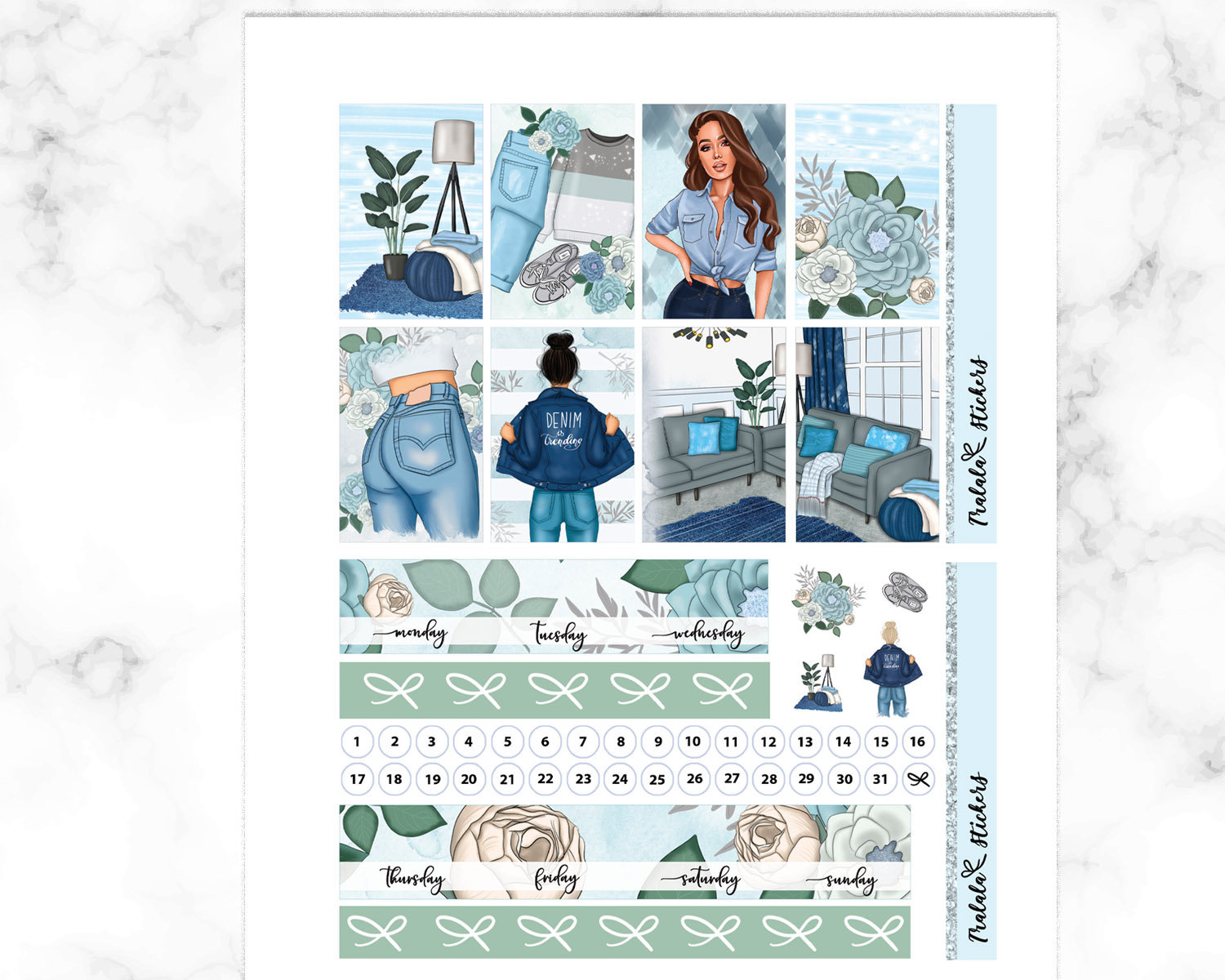 Denim Happy Planner Stickers Printable, Weekly Sticker Kit, Digital ...