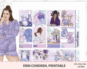 Utskrivbara klistermärkeskit för pyjamasparty, veckosetet för pyjamasparty, lila planerklistermärken för Erin Condren, lila klistermärkespaket