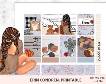Cozy Home Printable planner stickers for Erin Condren Vertical, Girly Fall Themed Weekly Kit, Sweater Weather Fashion Autumn Leaves pack