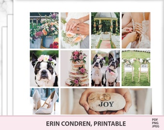 May include: A collage of images featuring a wedding theme. The images include a bouquet of flowers, a wedding cake, a couple exchanging rings, a wedding ceremony, a bride getting dressed, two dogs wearing flower crowns, and two chairs decorated with flowers. The text "JOY" is written on a stone.