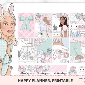PASTEL EASTER Happy Planner Printable Stickers, deco set with bunnies and eggs, vertical planner stickers, Weekly Planner Stickers, Digital