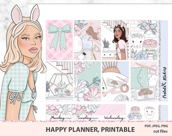 Op de afbeelding: Een set bedrukbare planner stickers met een pastelkleurenschema met bloemen- en konijnenontwerpen. De stickers bevatten een meisje met konijnenoren, een strik, een kaars, een bloemstuk en een videogameconsole. De tekst "Maandag", "Dinsdag", "Woensdag", "Niet oversteken", "Tralala stickers", "PDF, JPEG, PNG", "knippen bestanden", en "HAPPY PLANNER, PRINTABLE" is inbegrepen op de stickers.