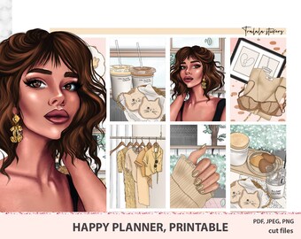 Może przedstawiać: Zestaw naklejek cyfrowych do planera z ilustracjami kobiety, filiżanek kawy, ubrań i kotów. Naklejki są przeznaczone do użytku w plannerze happy lub innym podobnym plannerze. Tekst "Tralala stickers" i "HAPPY PLANNER, PRINTABLE" jest zawarty w obrazku.