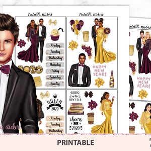 May include: Printable New Year's Eve stickers featuring a couple in gold and purple attire, a man in a tuxedo, and a woman in a gold dress. The stickers include the text "Happy New Year!" and "Queen of 2020".