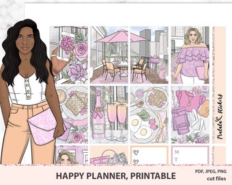 Happy Planner printable stickers, City Brunch, Printable Stickers with flowers, PDF, PNG, Digital Download, Cut Files, Cricut, Silhouette