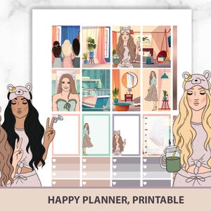 Me tiempo Feliz Planificador Pegatinas Imprimibles, agenda semanal MAMBI, decoración de cuadernos con Arfican chica americana, rubia y morena, corte DIY
