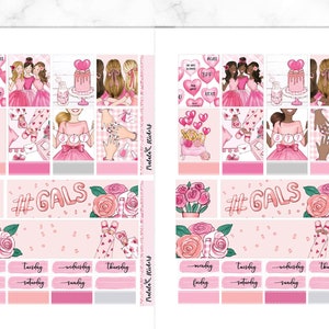 May include: A set of pink and white planner stickers with illustrations of women, flowers, and hearts. The stickers include the text "#GALS" and days of the week.