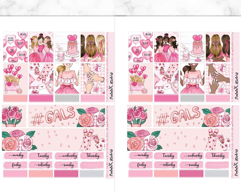 May include: A set of pink and white planner stickers with illustrations of women, flowers, and hearts. The stickers include the text "#GALS" and days of the week.
