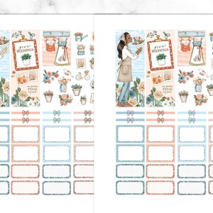 May include: A set of planner stickers featuring a woman holding flowers, a watering can, a bird, a bicycle, and a variety of floral designs. The stickers are in shades of blue, pink, and green. The text on the stickers reads "Grow Blessings" and "My garden feeds my soul".