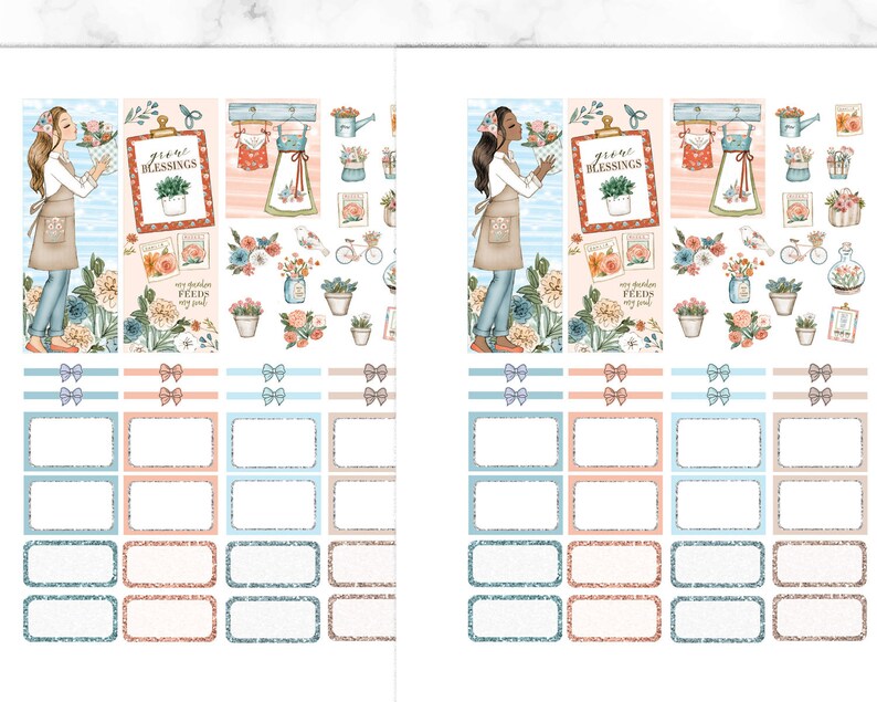 May include: A set of planner stickers featuring a woman holding flowers, a watering can, a bird, a bicycle, and a variety of floral designs. The stickers are in shades of blue, pink, and green. The text on the stickers reads "Grow Blessings" and "My garden feeds my soul".