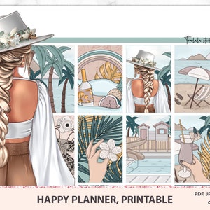 Glam summer Printable Weekly kit for Happy Planner Vertical, Decorative planner stickers, Tropical Vacation set for journals, Cricut PNG