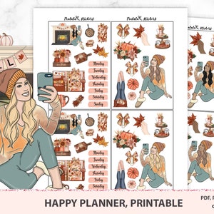 Könnte beinhalten: Ein Satz bedruckbarer Planer-Aufkleber mit Herbst-Motiv. Die Aufkleber enthalten Bilder von Frauen, Kürbissen, Blättern und einem Kamin. Die Aufkleber sind zum Ausschneiden und Verwenden in einem Planer oder Tagebuch gedacht.