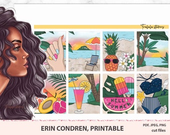 May include: A set of printable summer themed stickers featuring a pineapple wearing sunglasses, a watermelon with the text "Hello Summer", a popsicle, a beach scene, a woman's hand with painted nails, and a tropical drink. The stickers are designed for use in a planner or journal.
