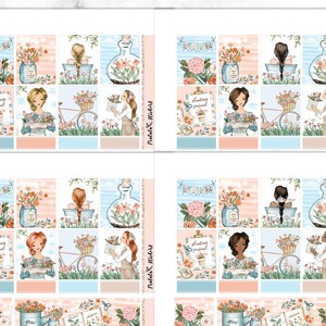 May include: A set of 12 planner stickers featuring a floral theme with illustrations of women, flowers, and gardening tools. The stickers are in shades of pink, blue, and green. The text "Planting journal" and "grow" are included on the stickers.