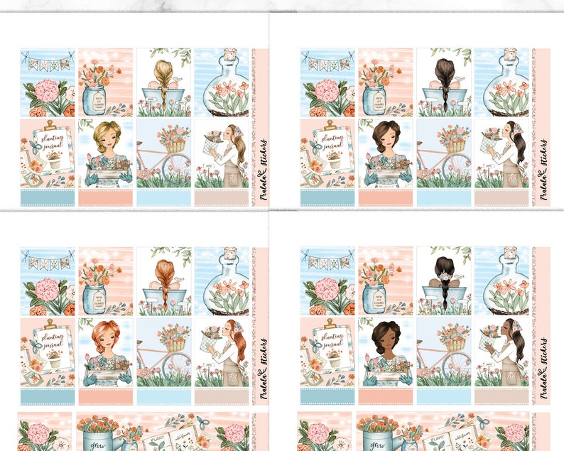 May include: A set of 12 planner stickers featuring a floral theme with illustrations of women, flowers, and gardening tools. The stickers are in shades of pink, blue, and green. The text "Planting journal" and "grow" are included on the stickers.