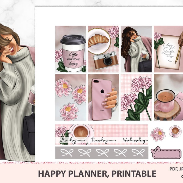 Glücklich Planner Aufkleber bedruckbar, glücklich Planer Classic, vertikale Aufkleber, druckbare wöchentliche Kit, Planer Druckbare für Cricut/Silhouette