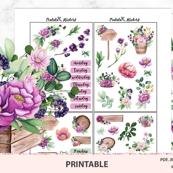 Floral printable planner stickers suitable for Erin Condren life planner vertical and horizontal, big/mini Happy planner, Silhouette Cricut