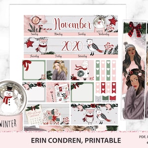November maandelijkse kit Erin Condren leven planner stickers verticale weergave, afdrukbare maandelijkse kit voor december 2021, sneeuwen thema pack