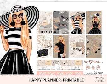 Little Black Dress Happy Planner Stickers Printable, Printable Weekly Kit, Downloadable stickers, JPEG PDF Silhouette Studio files