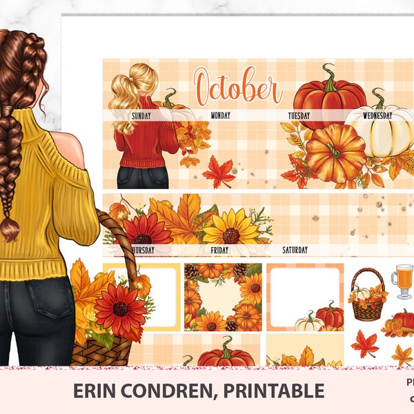 October monthly kit Erin Condren printable stickers, monthly view kit for 2020. ECLP Fall Farmhouse Themed with pumpkins. Silhouette files