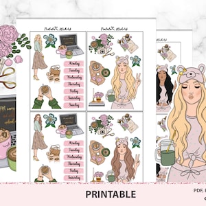 Blogger Babe Planner Adesivos para impressão, kit semanal de padrão de café, kit de meninas da moda para Erin Condren vertical, horizontal, flores de primavera