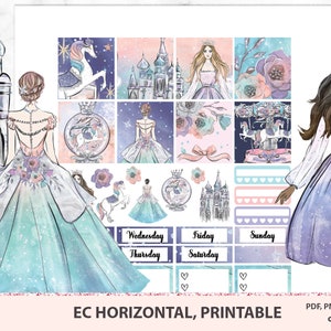 May include: A set of printable planner stickers featuring a princess theme. The stickers include a carousel, a castle, a unicorn, a princess in a blue gown, and a princess in a purple gown. The stickers are designed for use in a planner or journal.