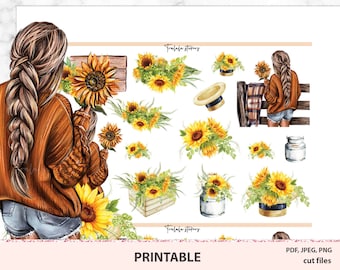May include: Printable stickers featuring a woman with long brown hair wearing a brown sweater and blue jeans, holding a sunflower. The stickers also feature sunflowers in various arrangements, including a sunflower in a wooden crate, a sunflower in a milk jug, and a sunflower in a straw hat. The text "Printable" and "PDF, JPEG, PNG cut files" is also included in the image.