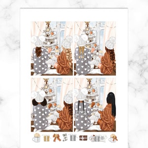 May include: Illustration of four panels depicting women in pajamas, seated near a decorated Christmas tree. They are holding mugs and cupcakes. The women are wearing hats and pajamas with heart patterns. Decorative elements include gifts and mugs.