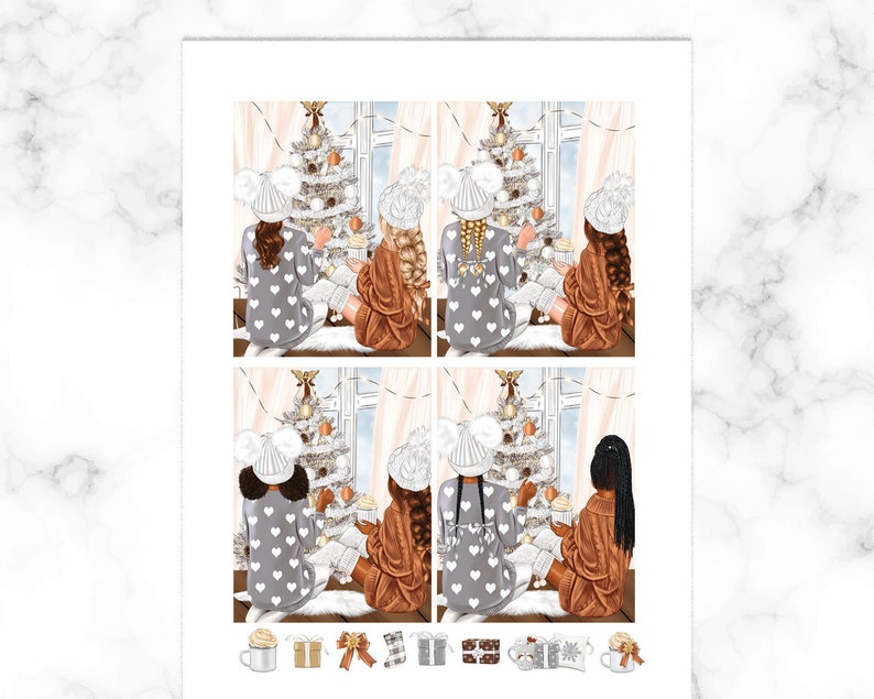 May include: Illustration of four panels depicting women in pajamas, seated near a decorated Christmas tree. They are holding mugs and cupcakes. The women are wearing hats and pajamas with heart patterns. Decorative elements include gifts and mugs.