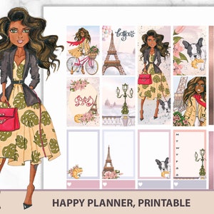 AFRICA AMERICA mujer en París, kit de planificador semanal, pegatinas mágicas chica negra, conjunto electrónico imprimible HP con tema de vacaciones y perro lindo
