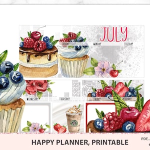 Kit mensal de julho para impressão para planejador feliz clássico vertical, adesivos de visualização mensal de julho, kit de adesivos para impressão de agosto, MAMBI