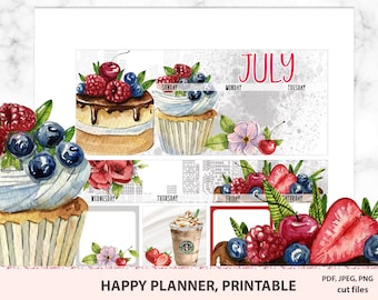 Kit mensual de julio imprimible para Classic Happy Planner Vertical, pegatinas de vista mensual de julio, kit de pegatinas imprimibles de agosto, MAMBI