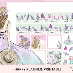 Puede incluir: Pegatinas digitales para planificador con tema de acuarela. El diseño incluye ilustraciones de una mujer con vestido, lavanda, mariposas y una bicicleta. La palabra "Marzo" se muestra en la parte superior, junto con los días de la semana.
