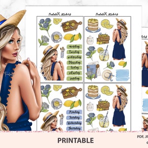 Aquarell Sticker druckbare, Zitronen und Blumen dekorative Set, blau gelb Blumen-Kit, Kugel Zeitschriften, Agenda, Tagebuch, Notizbuch