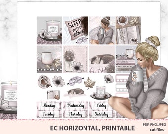 May include: A set of printable planner stickers featuring a cozy aesthetic. The stickers include a candle, a cup of coffee, a book, a cat, a woman in a sweater, and a variety of other elements. The stickers are designed in a soft pink and gray color scheme.