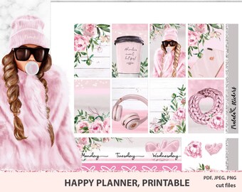 Weekly sticker kit printable, Happy Planner Stickers, Pink winter, Boss Lady, Fashion Stickers with glitter headers