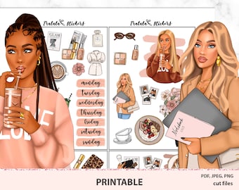 Coffee weekly decorative stickers printable, ECLP set in neutral colors, boss babe pastel planner stickers, MAMBI sheets, Silhouette Cricut