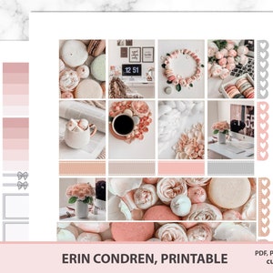 Pegatinas de macarrones y rosas para Erin Condren Life planner imprimible semanalmente, tazas de café de colores pastel rubor izado e inspiración casera Silhouette