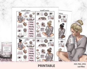 Cozy day deco stickers, me time printable kit for bullet journals and small notebooks. Downloadable PDF PNG Silhouette cut files