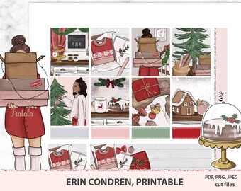 May include: A set of printable Christmas planner stickers featuring a woman carrying boxes, a cocoa bar, a gingerbread house, a Christmas tree, and a cake under a glass dome.