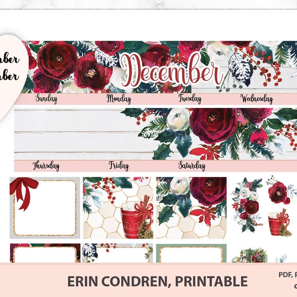 December monthly kit for Erin Condren life planner, printable monthly view kit for November 2020. ECLP floral themed set, Christmas themed