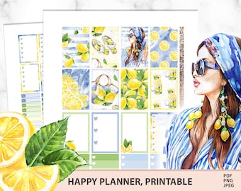 May include: A printable planner with a watercolour design featuring lemons, a woman with a blue headscarf, and the text "HAPPY PLANNER, PRINTABLE".
