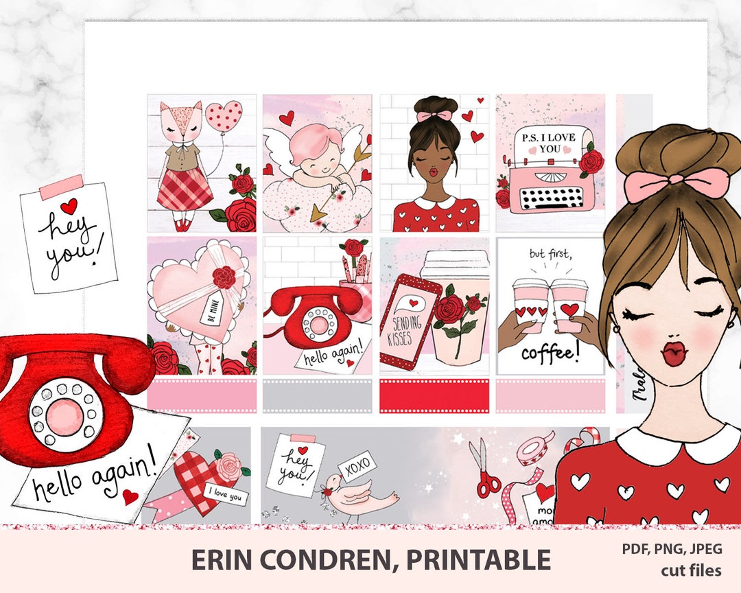 VALENTINES DAY PRINTABLE Planner Stickers, Erin Condren Watercolor ...